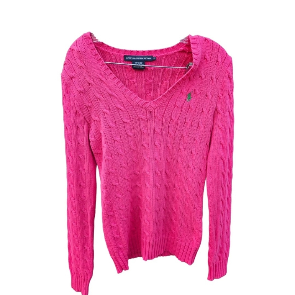 Ralph Lauren Sport Womens Small v-neck Sweater cable knit pink